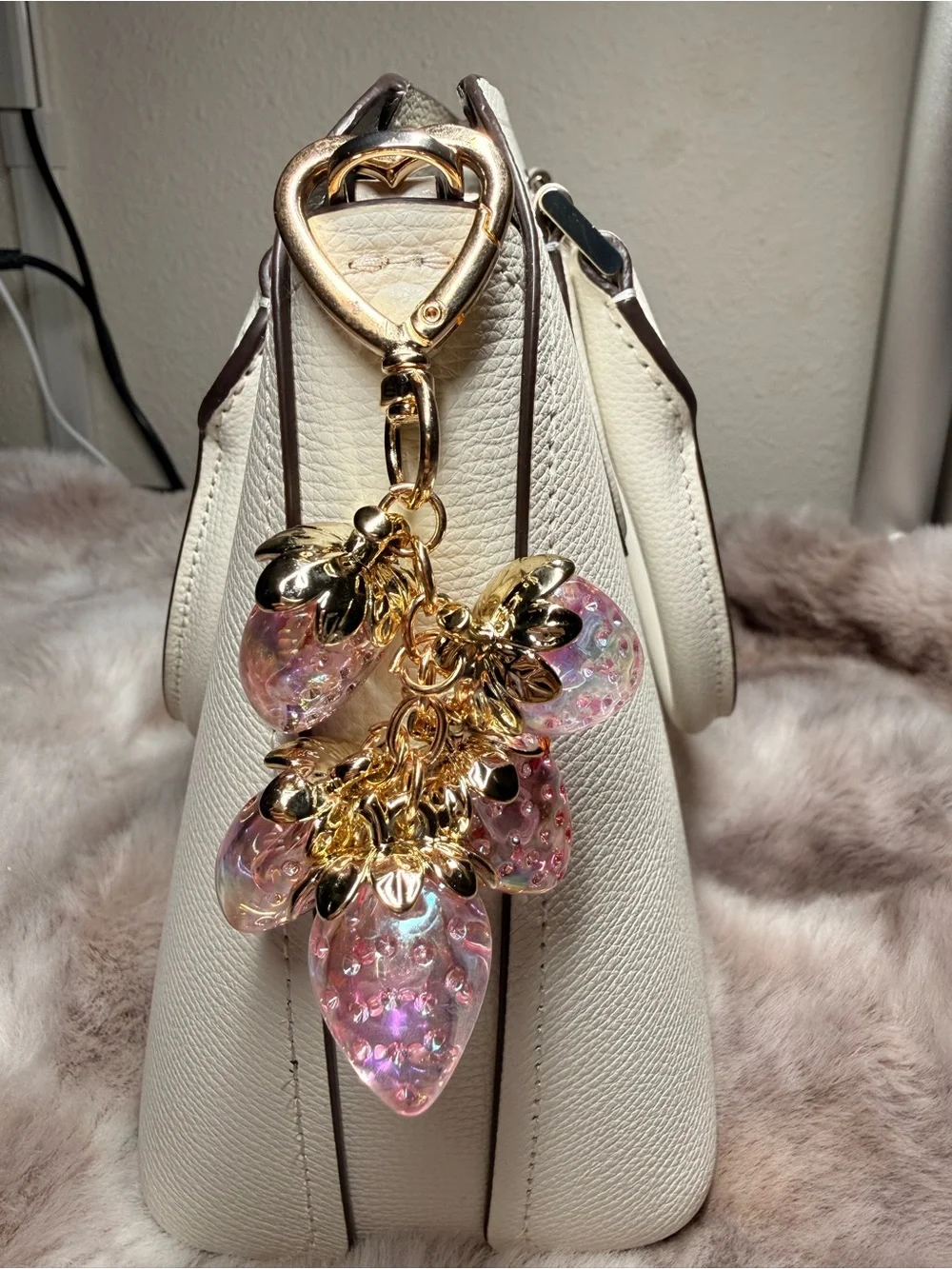 Crystal Clear Pink Bag Charm W/ 5 Strawberries Golden Trim With A Heart Clasp